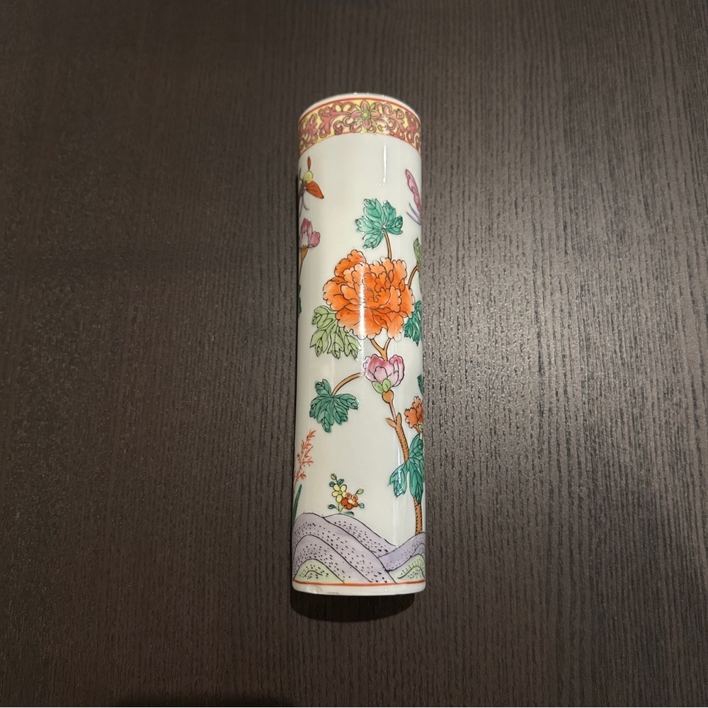 Vintage Oriental Asian Multicolor Artwork Cylindrical Round Vase 8” Tall approx.